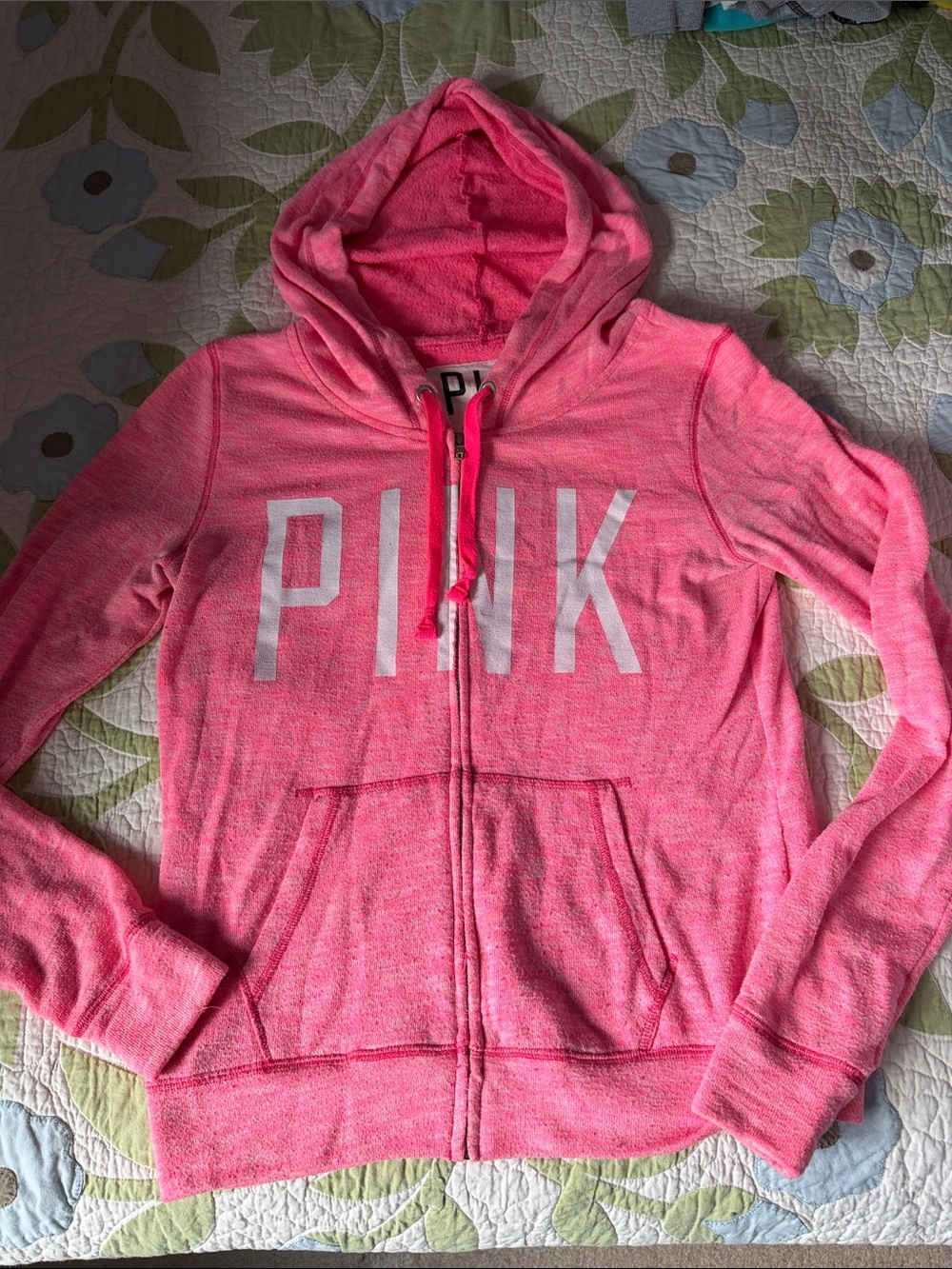 PINK Victoria's Secret Heathered Hot Pink Zip Hoodie with White Logo